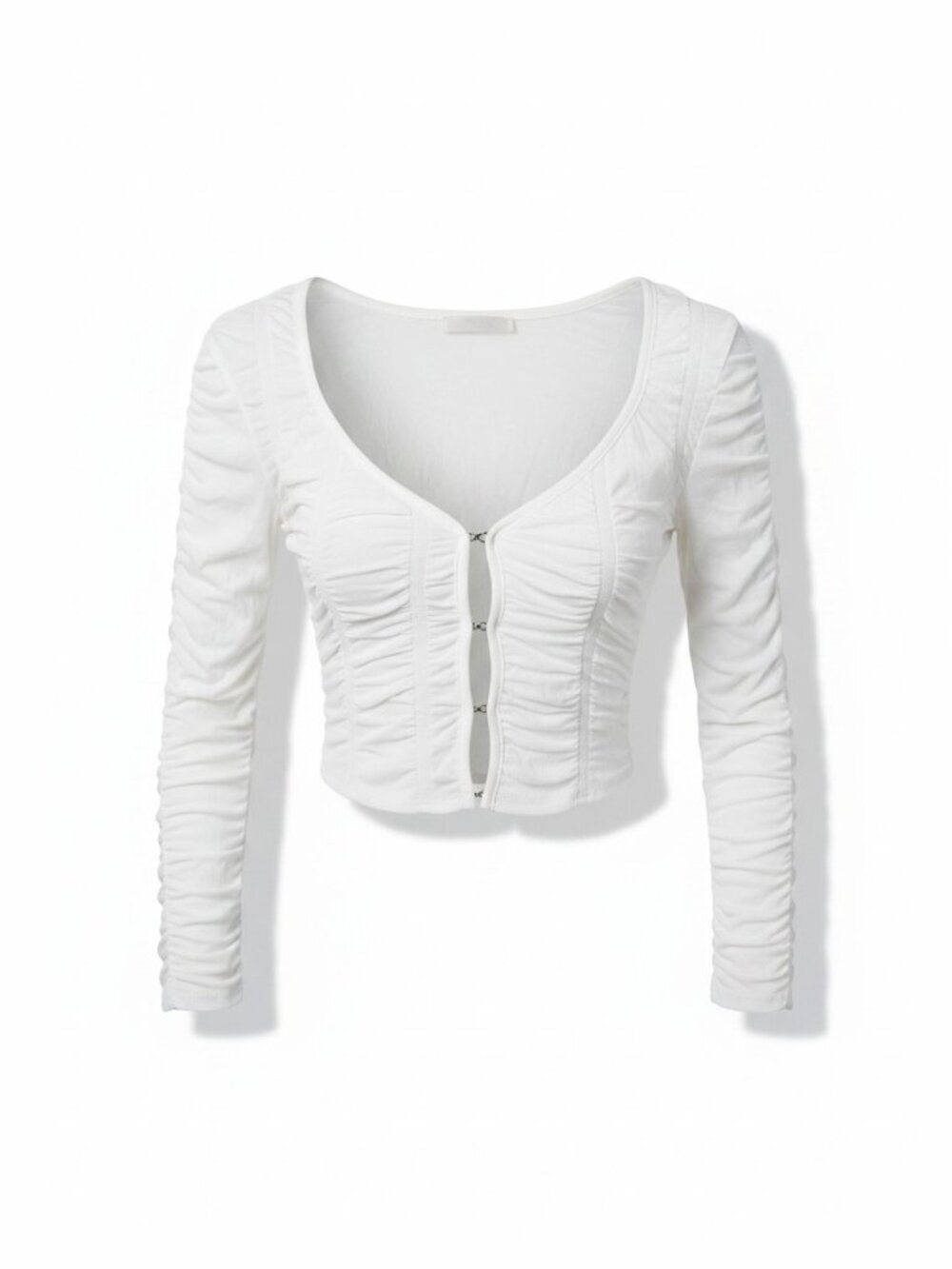 Sunland White Ruched Hook & Eye Crop Top Long Sleeve Size S Coquette